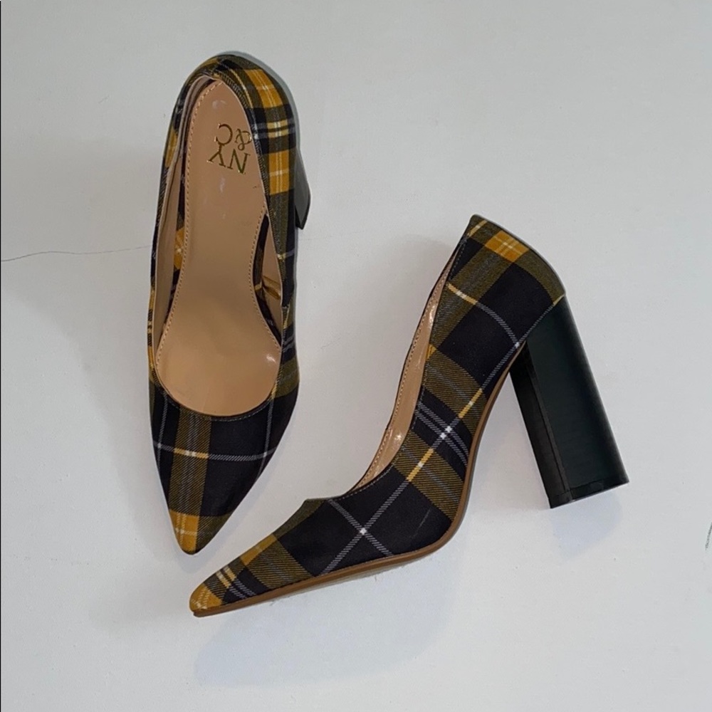 NYCO Plaid Pointed Toe Chunky Heels